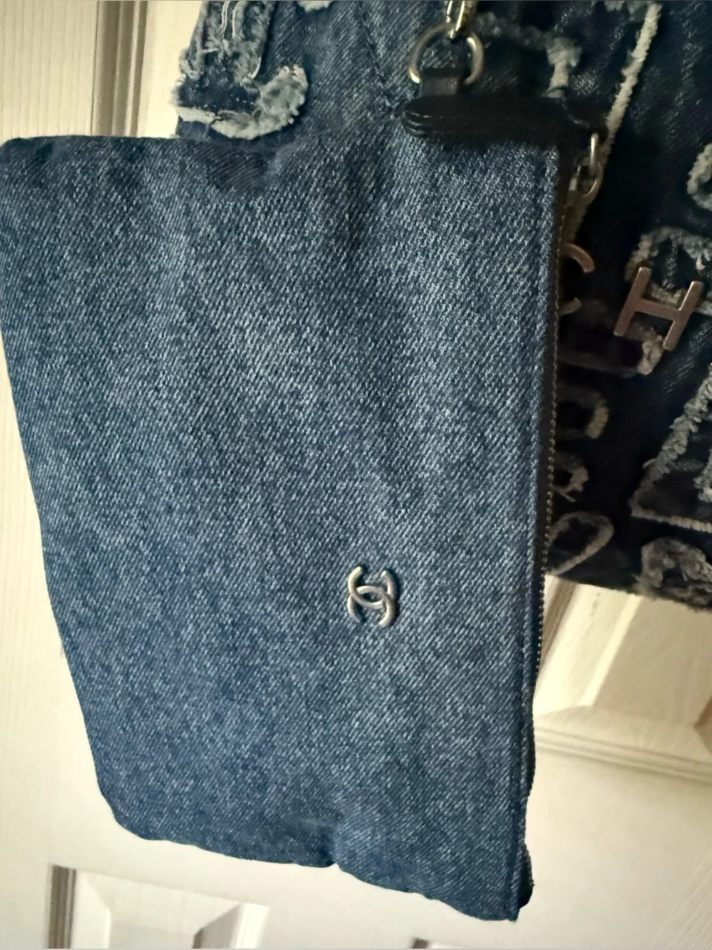 Denim Logo-Embroidered Navy Shoulder Hobo